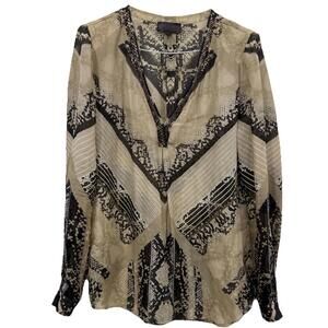 Hale‎ Bob Peasant Top Paisley Floral 3/4 Sleeve Neck Tie Boho Shirt S Small